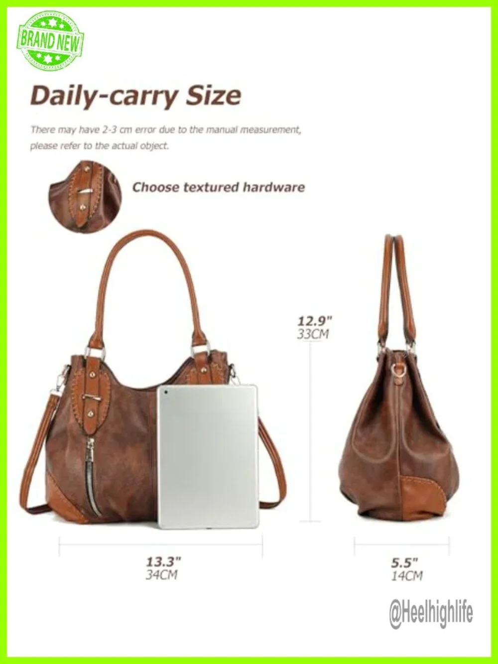 Vintage PU Leather Hobo Tote Bag, 6 Pockets, Adjustable Strap, Fits iPad